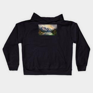 Majestic Peaks and Serene Lakes: A Vibrant Mountain Landscape Oil Painting #1 Kids Hoodie